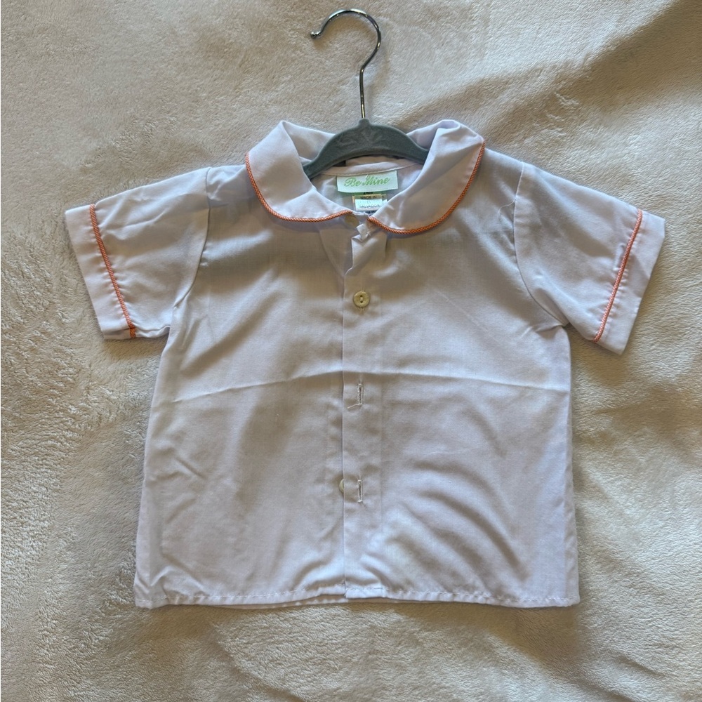 White Short-Sleeve Peter Pan Collar Shirt with Orange Trim - boys